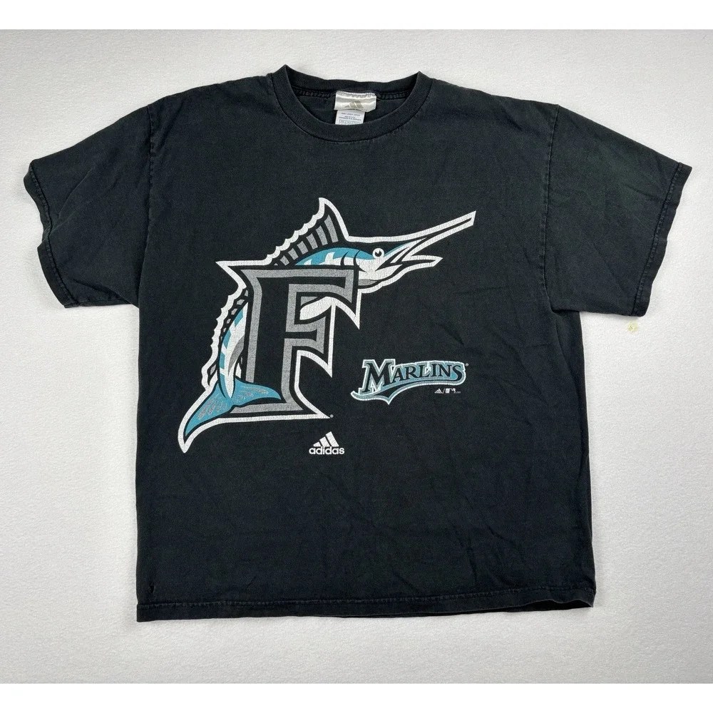 Vintage 2005 Florida Marlins T Shirt Adidas MLB USA Made Size L Black Tee